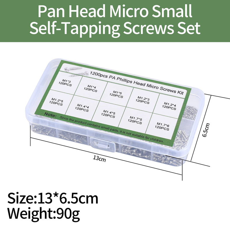 1200 Pcs Mini Screw kit, M1/M1.2/M1.4/M1.7 Micro Phillips Head Pan Head Screws, Small Self-Tapping Electronic Screws Kit, Sunglasses Watch Repair Round Head Screws