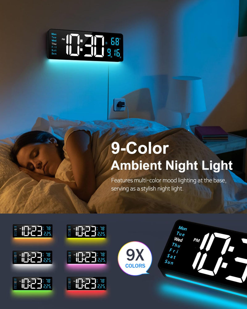 Digital Wall Clock, 16" Large Display Digital Clock with Night Light, Wall Clock with DST, Alarm, LED, Date, Week, Temp for Living Room, Bedroom, Classroom Decor, Birthday Gift for Senior Mom Dad Blue