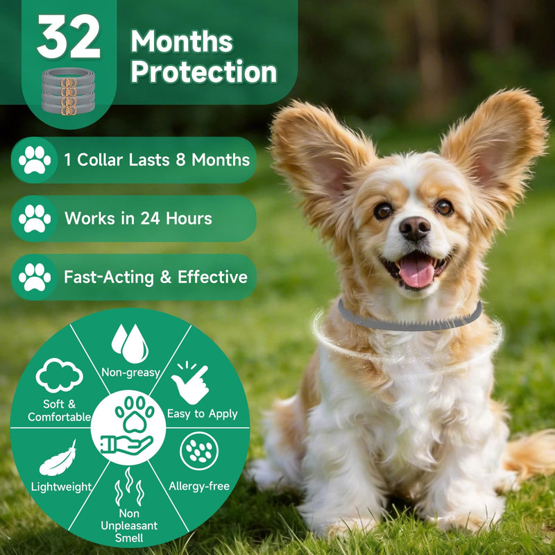 4 Pack Flea Collar for Dogs, 32 Months Flea and Tick Prevention for Dogs, Dog Flea and Tick Treatment, Adjustable Dog Flea Collars, Waterproof Dog Flea Treatment Collar, Flea Treatment for Dogs, Grey