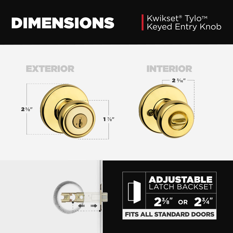 Kwikset Tylo Entry Door Knob with Lock and Key, Secure Keyed Handle Exterior, Front Entrance and Bedroom, Polished Brass, Pick Resistant SmartKey Rekey Security 1 Pack Keyed Entry with Smartkey