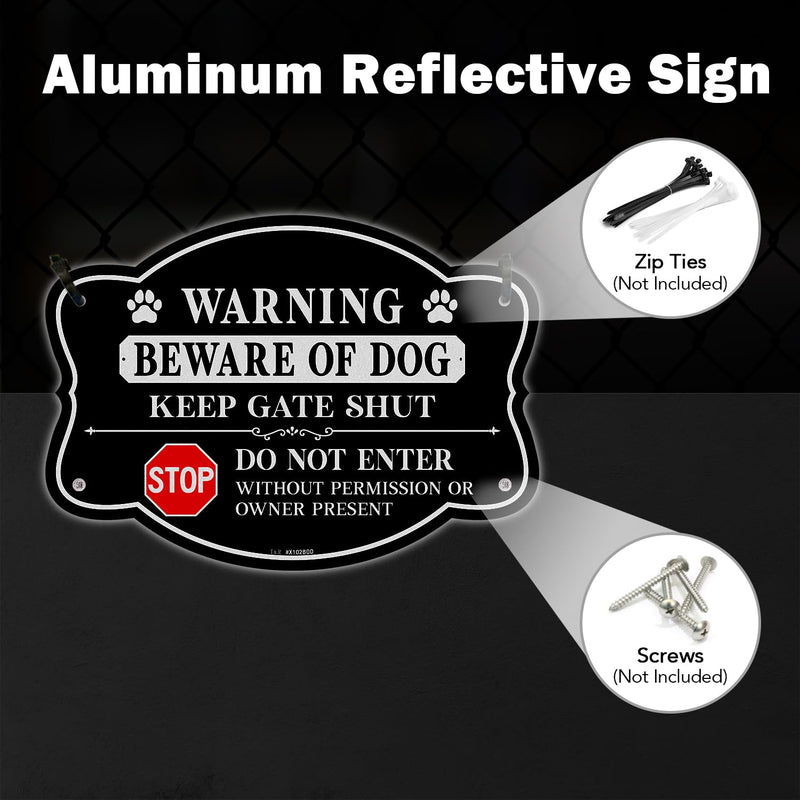 T&R Beware of Dog Sign Keep Gate Shut Do Not Enter Sign - 2 Pack - 9.5 x 6.8 Inches Rust Free .040 Aluminum Reflective - UV Protected, Waterproof, Weatherproof and Fade Resistant - 4 Pre-drilled Holes 9.5" x 6.8" - 2 Pack - Beware of Dog Do Not Enter