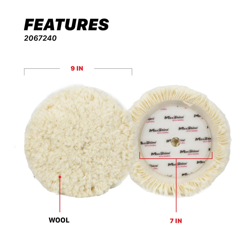 Maxshine 9” Rotary Wool Buffing Pad – Professional 100% Wool Cutting & Polishing Pad – Ideal for Heavy Defect Removal & Paint Correction (Single Sided) Single Sided