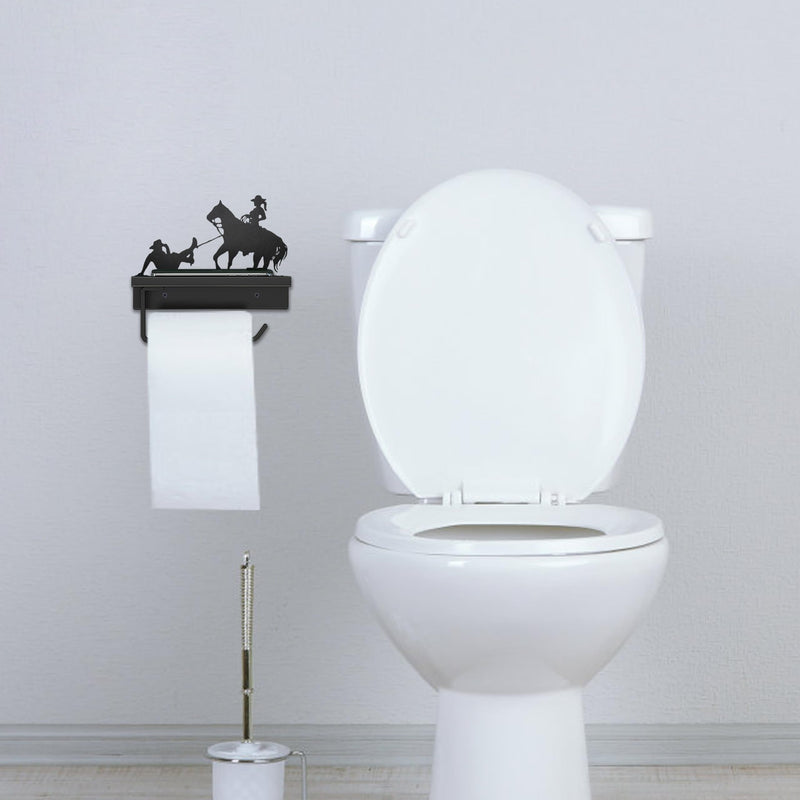 Western Toilet Paper Holder with Shelf, Rustic Farmhouse Toilet Paper Holder Funny Cowboy Bathroom Decor, Country Western Bathroom Accessories Metal Toilet Paper Roll Holder for Wall Mount Bathroom
