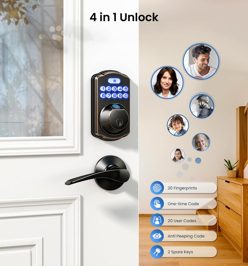 Veise Fingerprint Door Lock, Keyless Entry, Auto Lock, Electronic Keypad Deadbolt for Front Door, Biometric, Anti-Peeking Password, Easy Install, Oil Rubbed Bronze Traditional