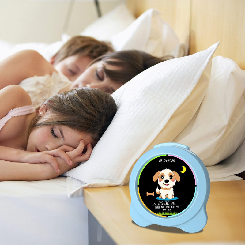 Kids Alarm Clock Sun & Moon& Dog LED Display with Day & Date OK to Wake Clock with Night Light for Kids Children's Sleep Trainer Gift for Boy and Girls Gog Blue