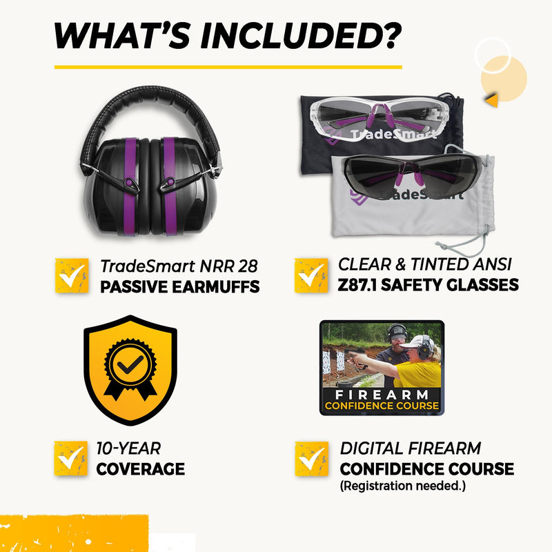 TradeSmart High-Performance Earmuffs for Shooting Range & Shooting Eye Protection Glasses + Firearm Confidence Course Clear+tint - Purple