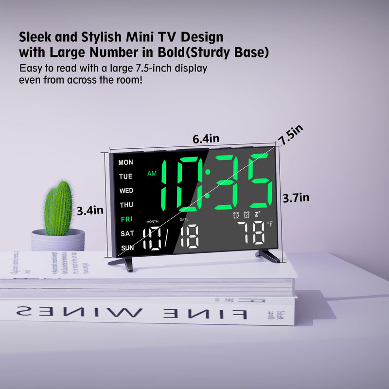 Mirror Digital Loud Alarm Clock with with Date,Indoor Temperature,USB Charging Port,Dimmer,Adjustable Volum,12/24H,Snooze,Dual Alarms (Weekday/Weekend),Perfect for Bedroom and Living Room Black+green Digit