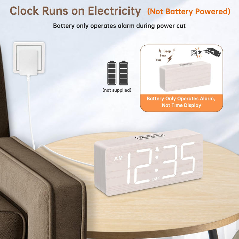 DreamSky Wooden Digital Alarm Clock for Bedroom - Desk Clock for Living Room with Large Numbers, Dimmer, Loud Alarm for Heavy Sleepers with Volume Control, DST, Office Wood Decor (Plug in Clock) White (Plug-in)