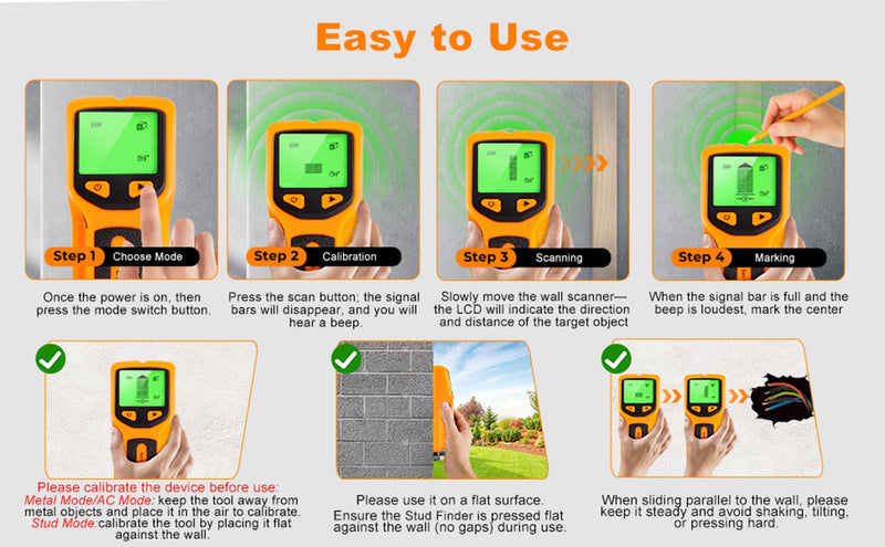 5 in 1 Stud Finder, Poledy Stud Detector - Precisely Locates the Center and Edge of Studs, Wall Scanner with Audio Alarm & Deep Scan Sensor for Wood, Metal Studs, Live AC Wires, Pipes & Joists