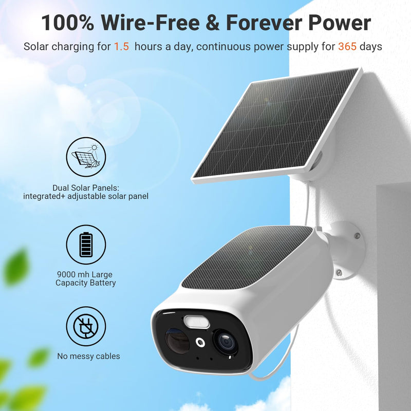 Rraycom 2.5K Solar Security Cameras Wireless Outdoor, Tuya Smart Camera,2-Way Talk, Color Night Vision, PIR Motion Detection,Spotlight/Siren, Alexa, Waterproof,No Monthly Fee C366-1pc