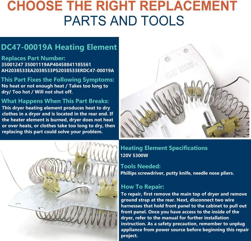 2025 UPGRADE Dryer Heating Element for Samsung dv42h5000ew/a3 dv45h7000ew/a2 dv48h7400ew/a2 DC47-00019A Dryer Heating Element DC47-00018A Thermostat DC47-00016A DC32-00007A DC96-00887A Thermal fuse