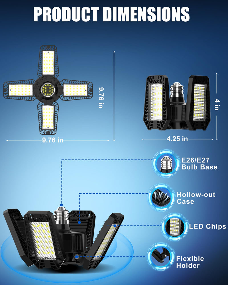 Garage Light 2 Pack - 120W 12000LM 6500K LED Garage Lights, Screw in Garage Lights Ceiling Led with 4+1 Deformable Panels, Lighting for Garage, Workshop, Barn, Basement Storage Room