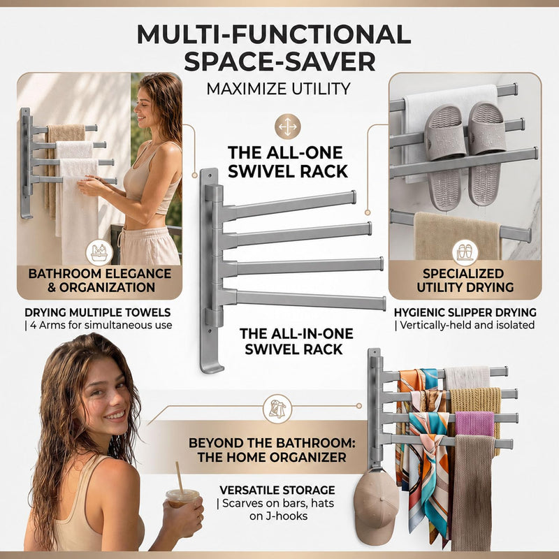 4 Arms Swivel Towel Rack Thicken Towel Holder with Hook Space Saving Towel Bar Wall Mount Swivel Towel Racks for Bathroom Kitchen-Grey Grey 4-arm