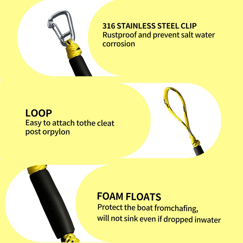 7-11FT Boat Bungee Dock Lines with 316 Stainless Steel Clips – Stretchable Elastic Mooring Ropes for Pontoon Boat,Seadoo,Bass Boat,Kayak,Watercraft,Fishing Boat,2Pac (Yellow) YELLOW