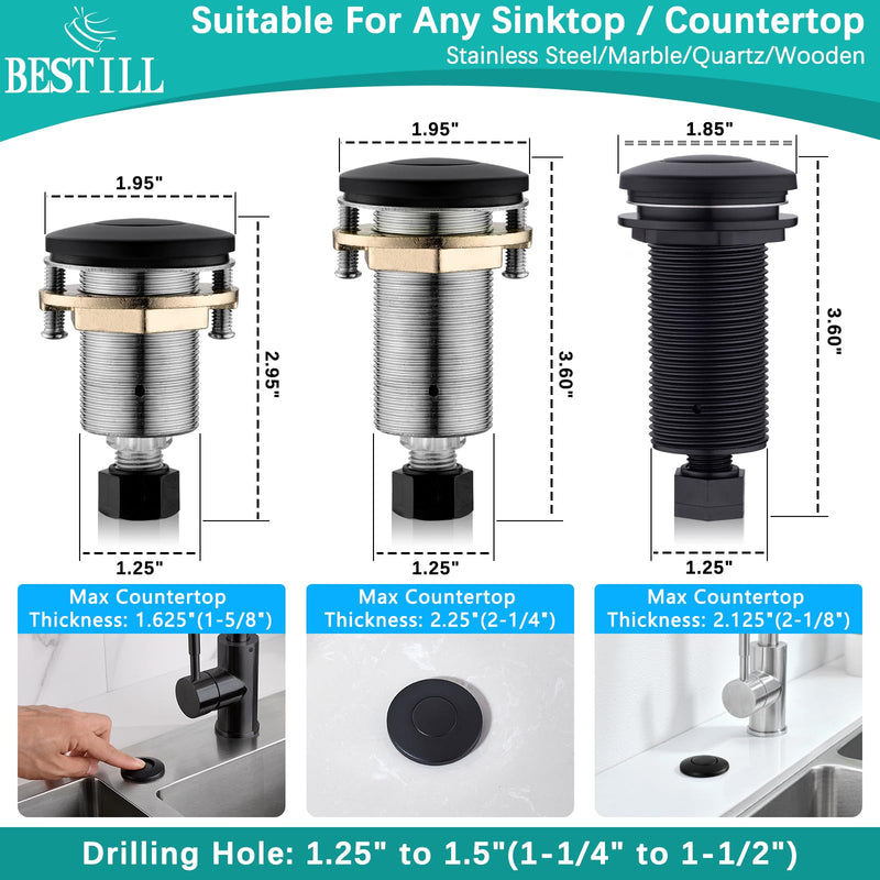 BESTILL Garbage Disposal Sink Top Air Switch Kit with Single Outlet, Matte Black Long Push Button with Brass Cover, UL Listed ABS Plastic Long-3.5" - NewNest Australia