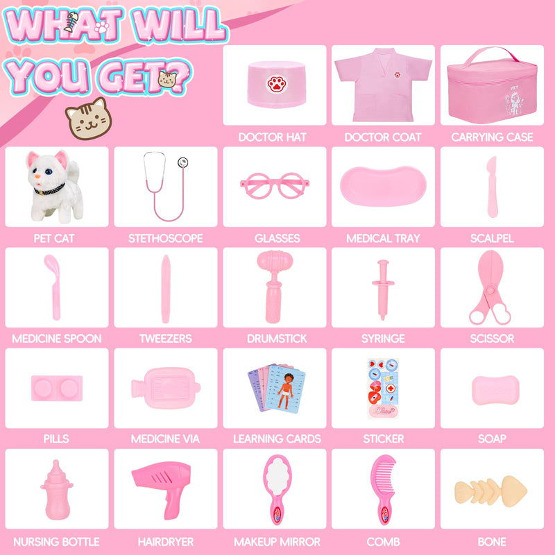 Doctor Kit for Girls, 27 Pcs Veterinarian Playset with Walking Cat Toy, Carrying Bag, Stethoscope & Dress Up Costume, Pretend Play Gift for Kids Toddlers Ages 3 4 5 6 Year Old B-Pink with Cat Toy