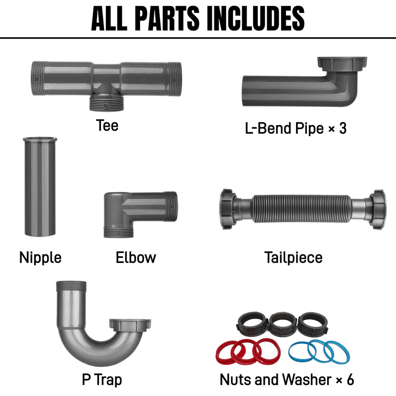 1-1/2 Inch Double Bowl Kitchen Sink Drain Kit - Universal Flexible P-Trap Pipe with Expandable Tailpiece (Wall & Floor Drain Compatible), Complete Plumbing Replacement Kit for 15"-24" Spacing