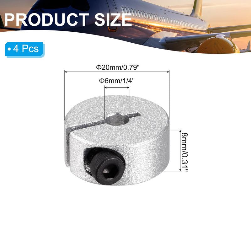 PATIKIL Bore 6mm Single Split Shaft Collar 20mm OD 8mm Thickness, 4 Pack Aluminum Alloy Locking Collar Clamp Style with Set Screw for Machine Tools Industry, Silver 6mm/1/4inch