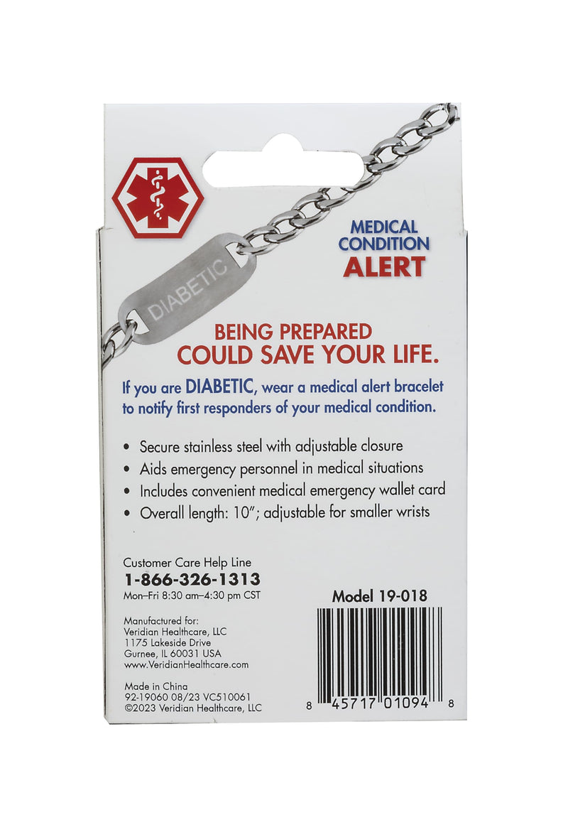 Thera|Care Diabetic Medical ID Bracelet | Stainless Steel Chain Link Bracelet | 10” Adjustable for Smaller Wrists