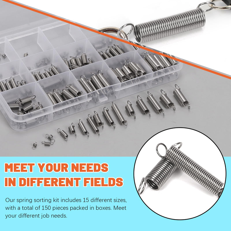 Tanstic 150Pcs 15 Sizes Extension Spring Assortment Kit Extension Spring Assorted Size Small Springs Stainless Steel Extension Spring for Home Repairs and DIY 150