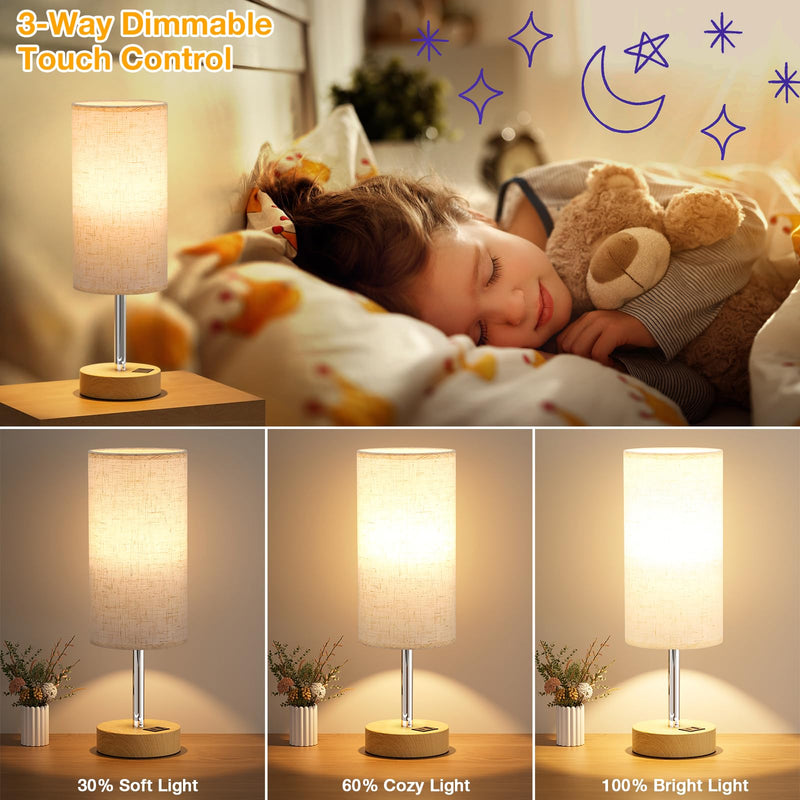 Touch Bedside Table Lamp with USB - 3 Way Dimmable Wood Lamp for Bedroom Nightstand, Desk Lamp with Charging Station for Dorm, Living Room, Office, Kids Room, Nursery, Small Cream & Wooden