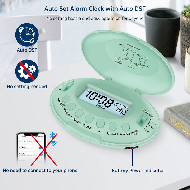 DreamSky Vibrating Alarm Clock for Heavy Sleepers - Bed Shaker Alarm Clock Under Pillow for Adults Teens Kids & Hearing Impaired, Rechargeable Battery Operated for Bedroom, Travel, Auto DST, Backlight Green