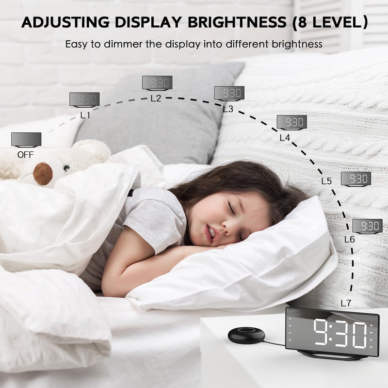 OnLyee Vibrating Alarm Clock with 8.7” LED Mirror for Heavy Sleepers & Hearing Impaired, Bed Shaker & 3 Wake-Up Modes, Dual Alarms, USB Charging, Adjustable Brightness, Snooze Function Black+Bed Shaker