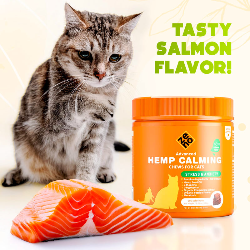 ZENO Hemp Calming Chews for Cats Anxiety 200 pcs - for Travel, Stress, Check-up, Barking or Grooming - Feline Anxiety Relief - Cat Calming Treats - Salmon
