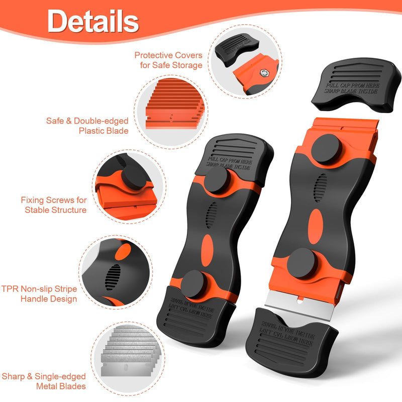3 Pack Razor Blade Scraper Set, Includes 30 Plastic & 30 Metal Blades, Multi-Purpose Tool for Glass, Cooktop, Sticker Removal, Paint & Gum Cleaning (Orange) Orange