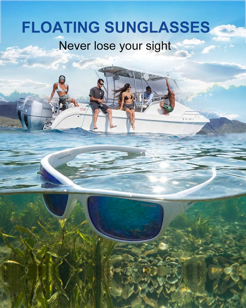 maivnz Floating Polarized Fishing Sunglasses for Men Women, Unsinkable UV400 Sports Glasses for Kayaking, Boating & Surf White Frame Blue Revo