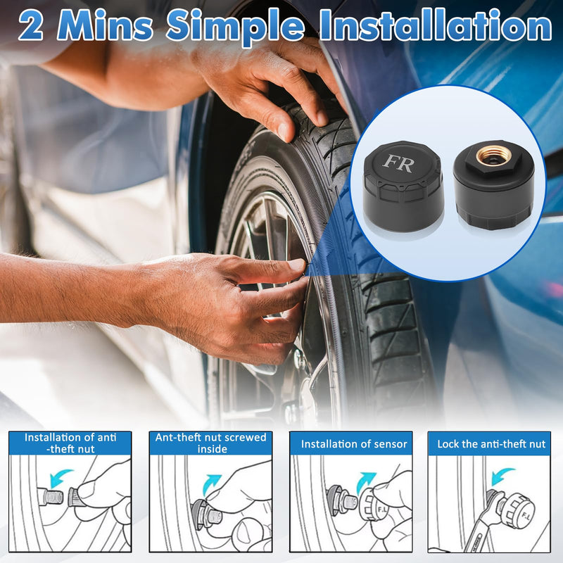 Tire Pressure Monitoring System with Solar Charge,TPMS Tire Pressure Monitor System with 4 External sensors & 5 Alarm Modes, Real Time Monitoring Pressure & Temperature,Suitable for 4 Wheeled Vehicles