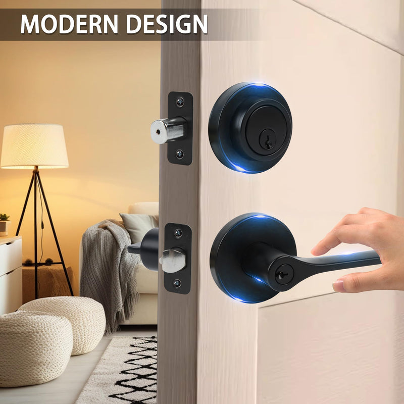 Exterior Door Lock Set,Combo Lock-Heavy Duty Black Door Handle and Single Cylinder Deadbolt Lock,Front Door Lock Set,Keyed Alike Door Locks for Front Door(Matte Black,1Pack Set) 1 Pack Matte Black
