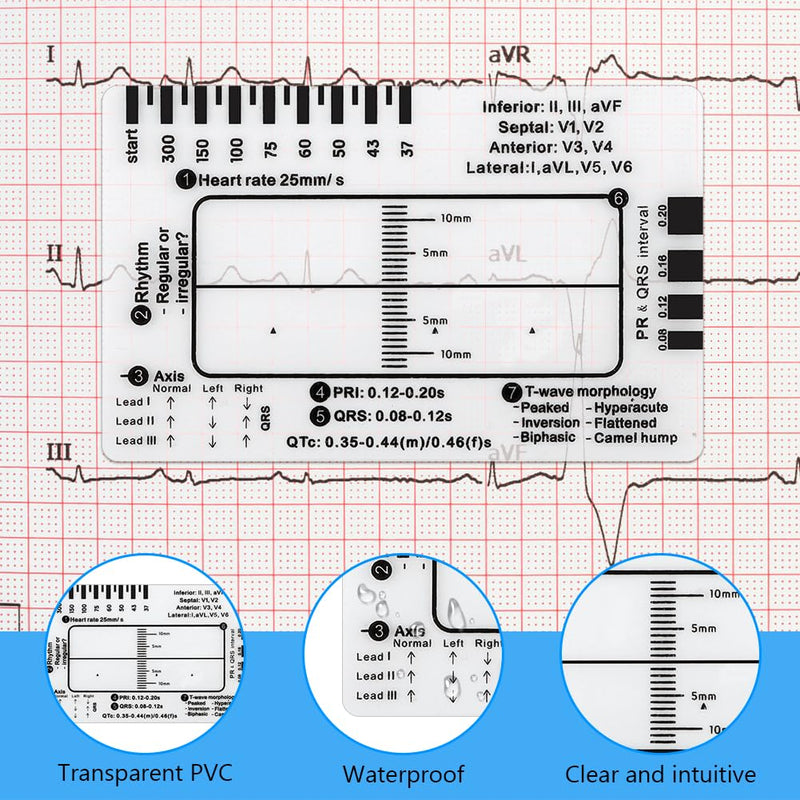 2PCS ECG 7 Step Ruler, EKG Interpretation Caliper, Transparent Plastic Measuring Tool blue