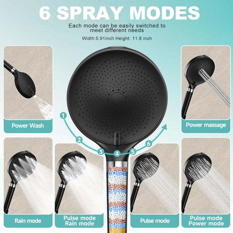 6“ Filtered Shower Head with Handheld, 6-Spray High Pressure Shower Head with Filter for Hard Water, Detachable Handheld Showerhead with Hose and Shower Arm Bracket, Matte Black Luxury Modern