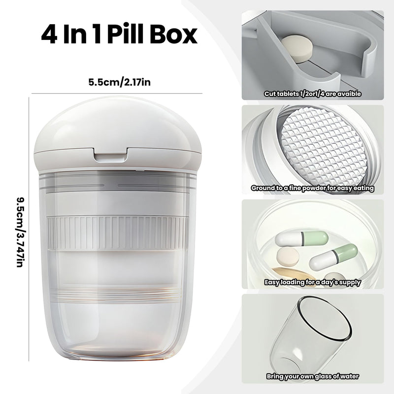 Multifunctional Pill Box, 4-in-1 Pill Organizer with Pill Cutter, Crusher & Water Cup, Compact Pill Case for On-The-Go Use (White) White