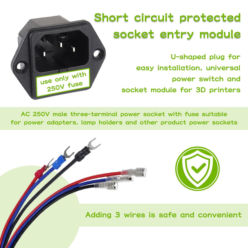 AC 250V 10A 2 in 1 Mount Inlet Module Plug Socket Power Entry Connector Male Blades with 10A Fuse and 18 AWG Extension Cable 6pcs Socket+10pcs fuse+3pcs Cable
