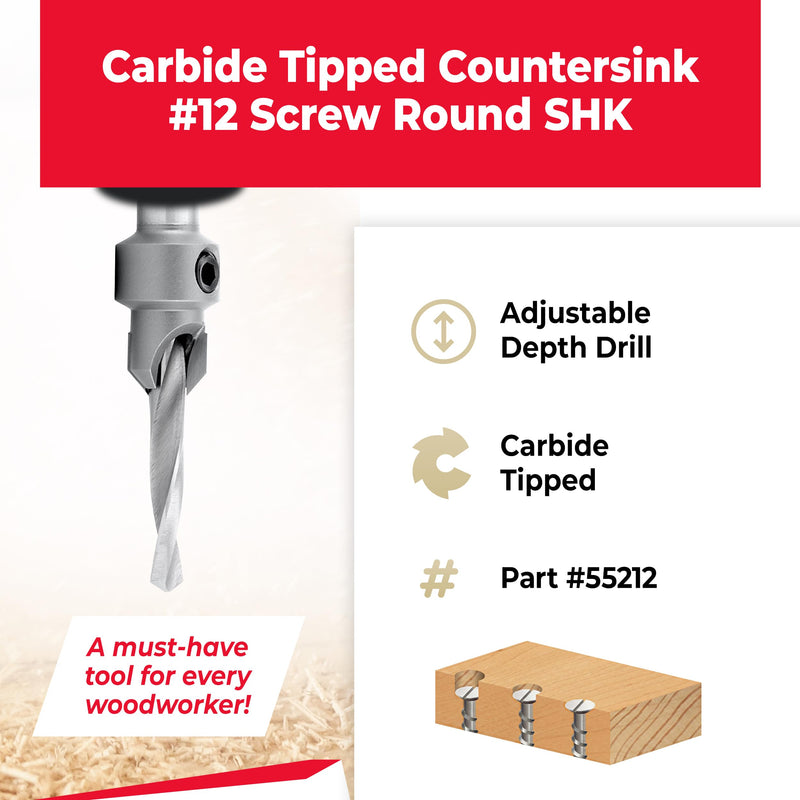 Amana Tool Carbide Tipped Countersink Drill Bit, 55212, 12 Screw, 15/32 Dia x 7/32 Drill Dia x 3/8 Round Shank