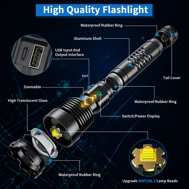 Rechargeable Flashlights High Lumens, 6000 Lumens Super Bright Flashlights with Long Handle, 5 Modes & Zoomable, 10000mAh Waterproof Powerful Handheld Flashlight for Camping Emergency