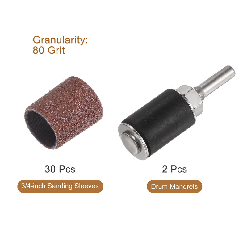 uxcell 30 Pcs 3/4 Inch Sanding Sleeves Sandpaper Set 80 Grit with 2 Pcs 0.79 Inch Drum Mandrels for Rotary Tools