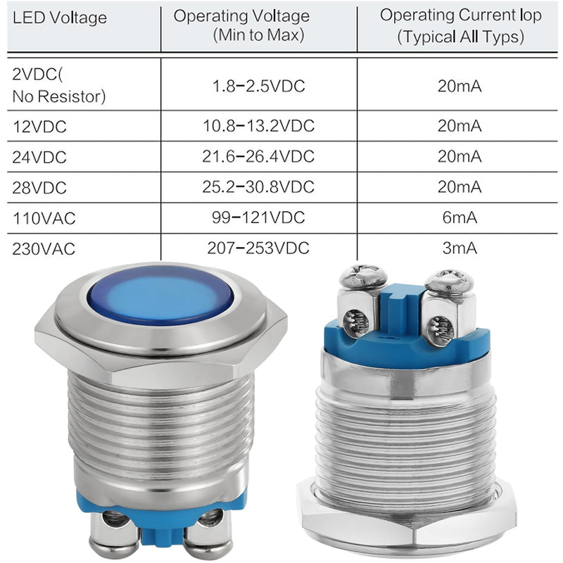 16mm 5/8" Indicator Light Blue Waterproof Large Light Stainless Steel Signal Lamp 12 Volt Led Lights 12V-24V DC/AC LED Pilot Lamp 12~24V