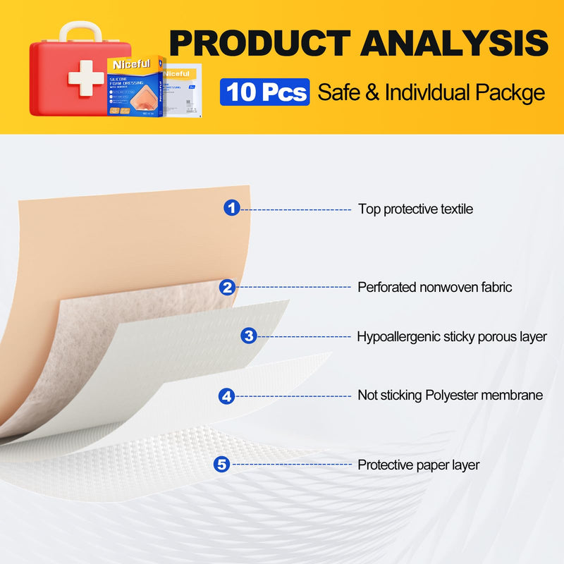 Silicone Foam Dressing with Gentle Adhesive Border 3"x 3" (Pack of 10)，High Absorbency Waterproof Silicone Wound Bandage for Large Foam Bandages for Pressure Sores Leg Ulcer，HSA FSA Eligible 3"x3" 10PCS - NewNest Australia