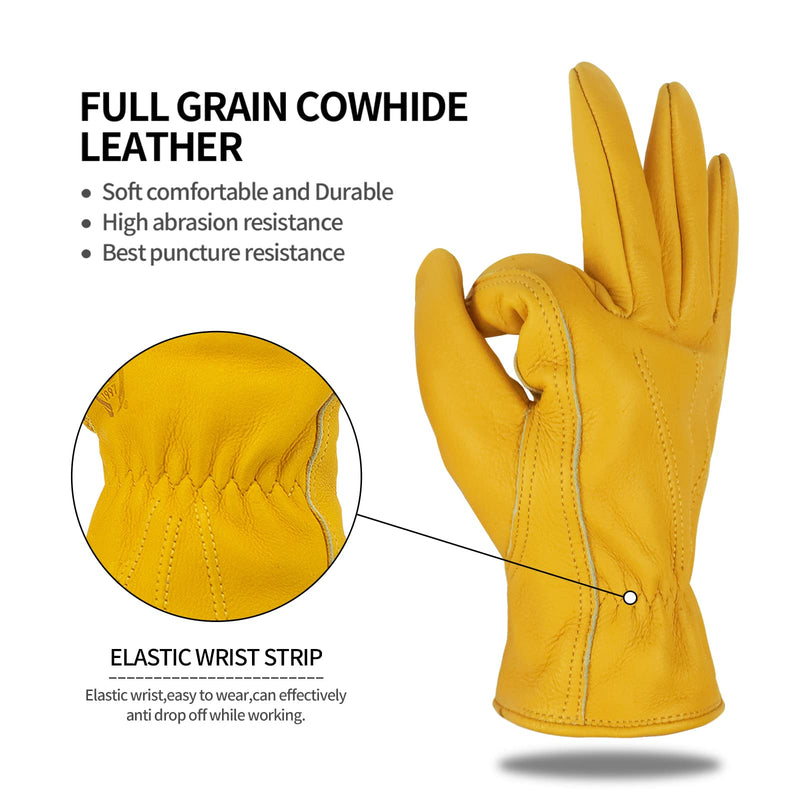 Leather Work Gloves for Men & Women, Reinforced Durable Gardening Gloves,Cowhide Work Gloves,Puncture & Cut Resistant Golden Large