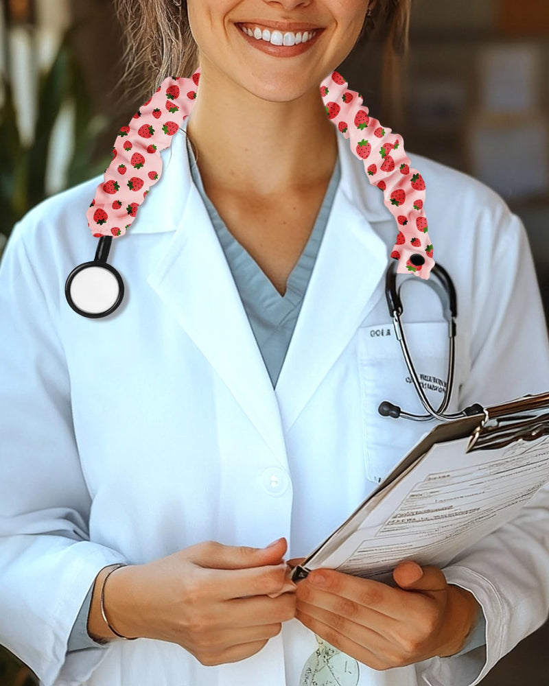 Plifal Elastic Stethoscope Cover Sleeve for Nurse Doctors Cuff Accessories - Cute Strawberry Pleated Design, Fits Most Dual-head Removable & Single-head Stethoscopes, Comes with Diaphragms & Earplugs pink