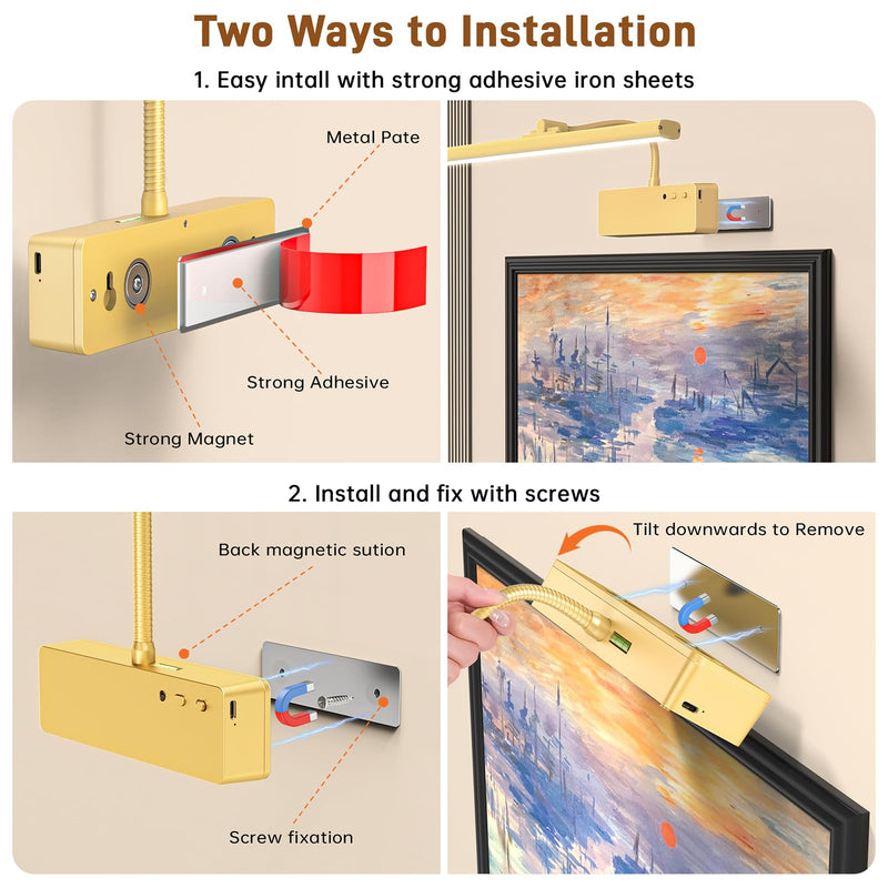 Picture Light, 15.35inch Wireless Rechargeable 5400mAh Battery Wall Light for Paintings, Picture Lights with Remote, 3 Color Modes and Dimmable Lights for Display, Gallery, Artwork(Gold) Gold
