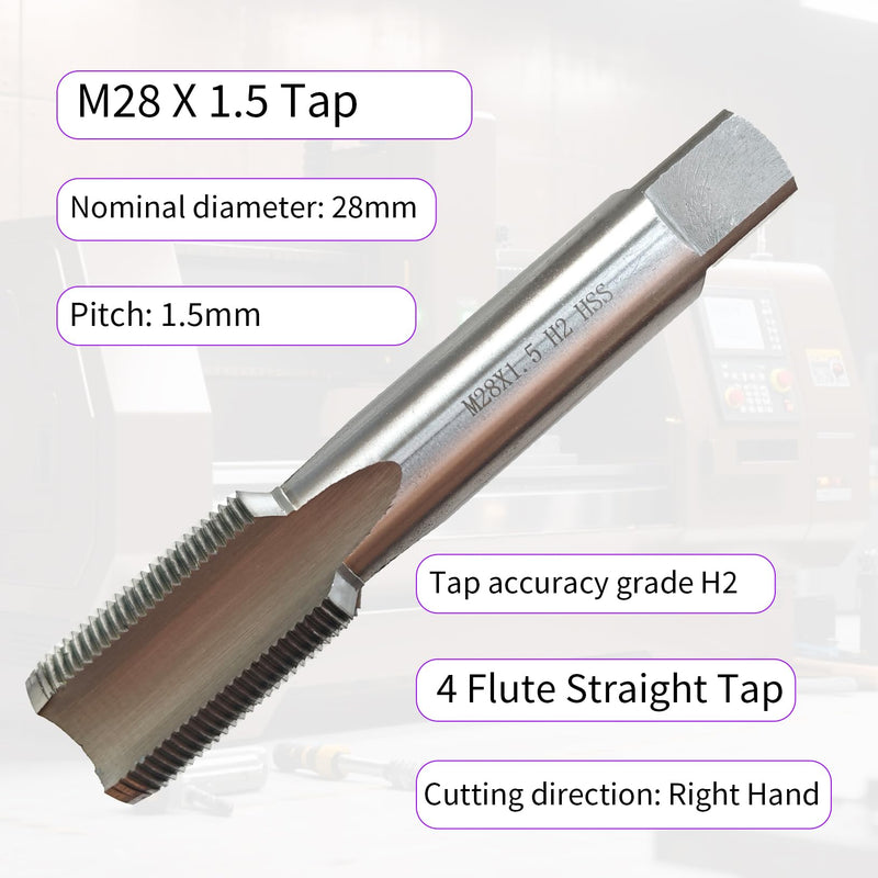 M28 X 1.5 Tap, Metric Thread Tap, Right Hand, 1.5mm Pitch, Straight Flute, 4 Flute, High Speed Steel, H2 Accuracy Grade, Machine Tap M28 X 1.5