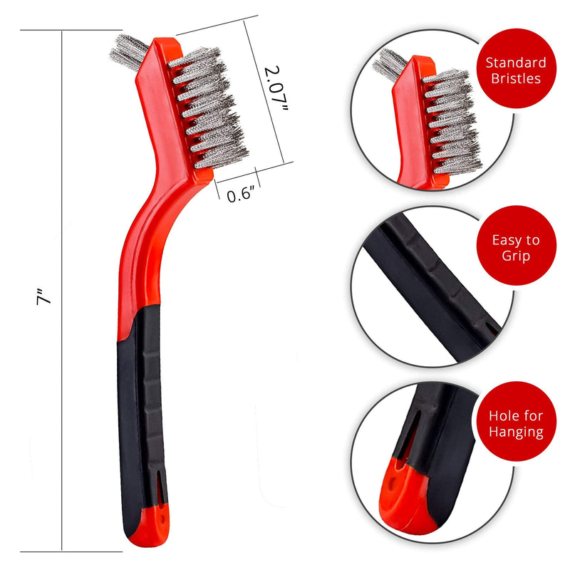 Wire Brush Set 3Pcs - Nylon/Brass/Stainless Steel Bristles with Curved Handle Grip for Rust, Dirt & Paint Scrubbing with Deep Cleaning – 7 Inches (Red) Red