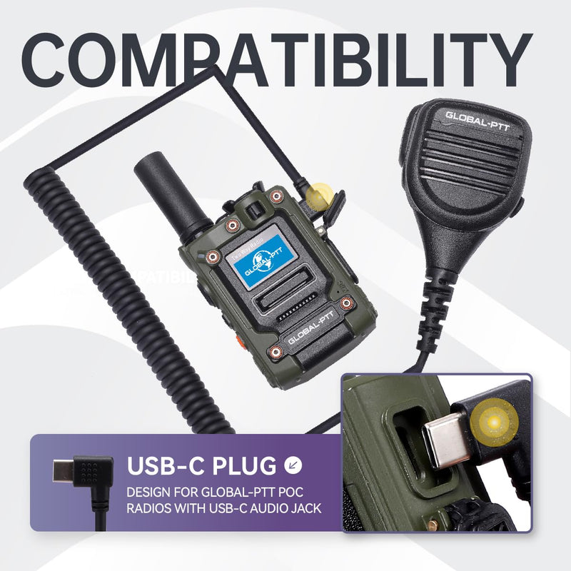 global-ptt USB-C Speaker Microphone (2-Pack) – Heavy-Duty Remote Mic with Push-to-Talk Button, Noise-Cancelling Compatible PoC Radios 5288, 5288PLUS, G8PLUS G6PLUS