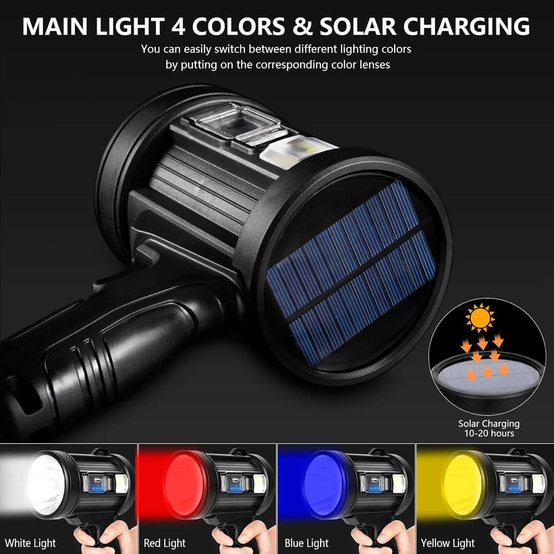 MIXILIN Rechargeable Spotlight, 99,000 Lumens Handheld Hunting Flashlight Led Spot Light with Cob Light and Solar Panels, Lightweight and Super Bright Spotlight for Hunting Boating Camping