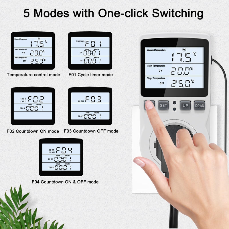 KETOTEK Digital Temperature Controller Thermostat Outlet Plug 120V with LCD Backlight, Heating Cooling Temperature Controlled Outlet 110V 15A with 3m Sensor Backlit Style