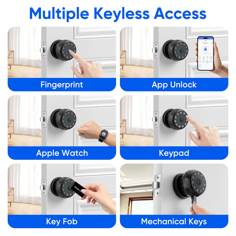 Smart Door Knob Fingerprint Door Lock with Keypad, Keyless Entry Deadbolt for Front Door, Smart Auto Lock Deadbolt with Phone/Watch App Control, Biometric Fingerprint Gate Knob with 6 Ways to Unlock Smart Door Knob